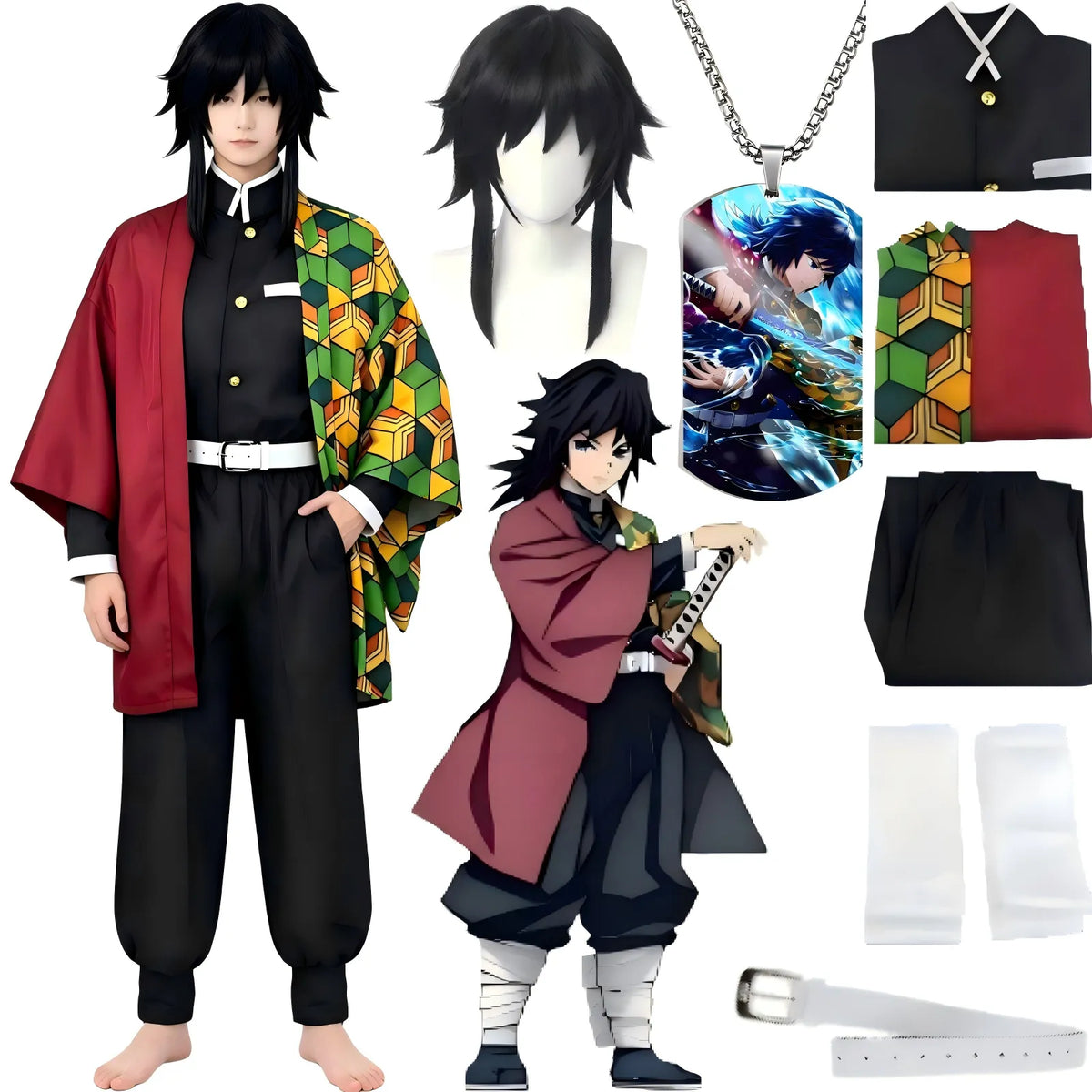 tomioka giyuu cosplay outfit on male model, matching black wig display, costume accessories collage