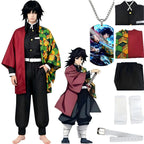 young male model wearing tomioka giyuu cosplay full set, complete costume, wig, necklace and parts display on white background