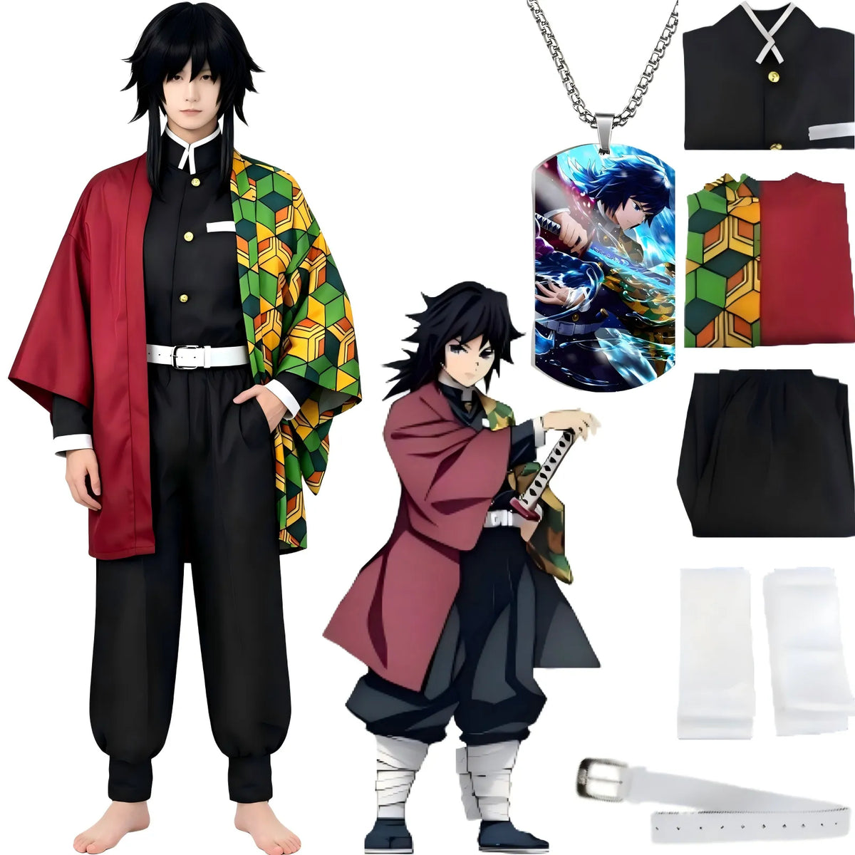 young male model wearing tomioka giyuu cosplay full set, complete costume, wig, necklace and parts display on white background