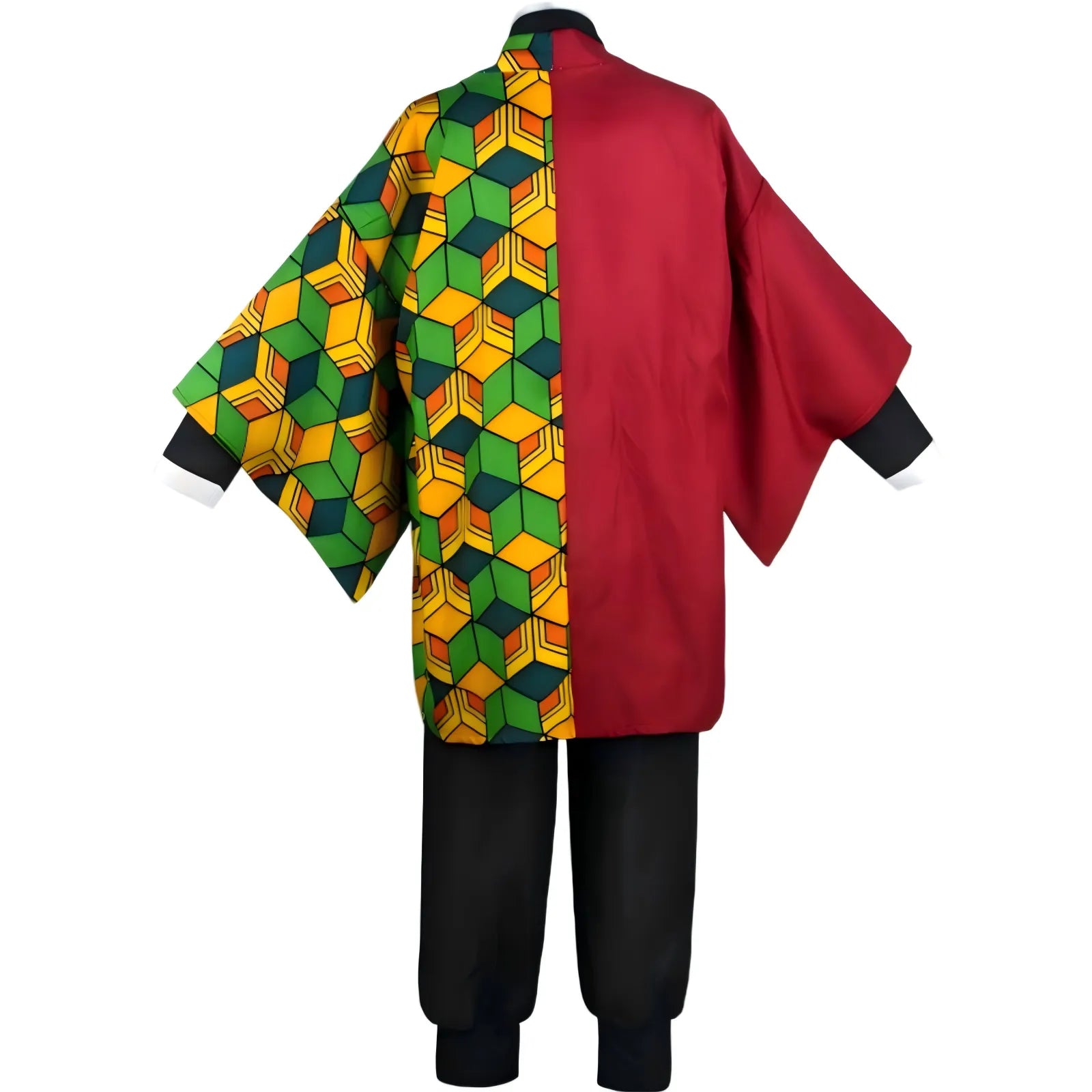 back view of tomioka giyuu asymmetrical haori, solid red and geometric hexagon print fabric