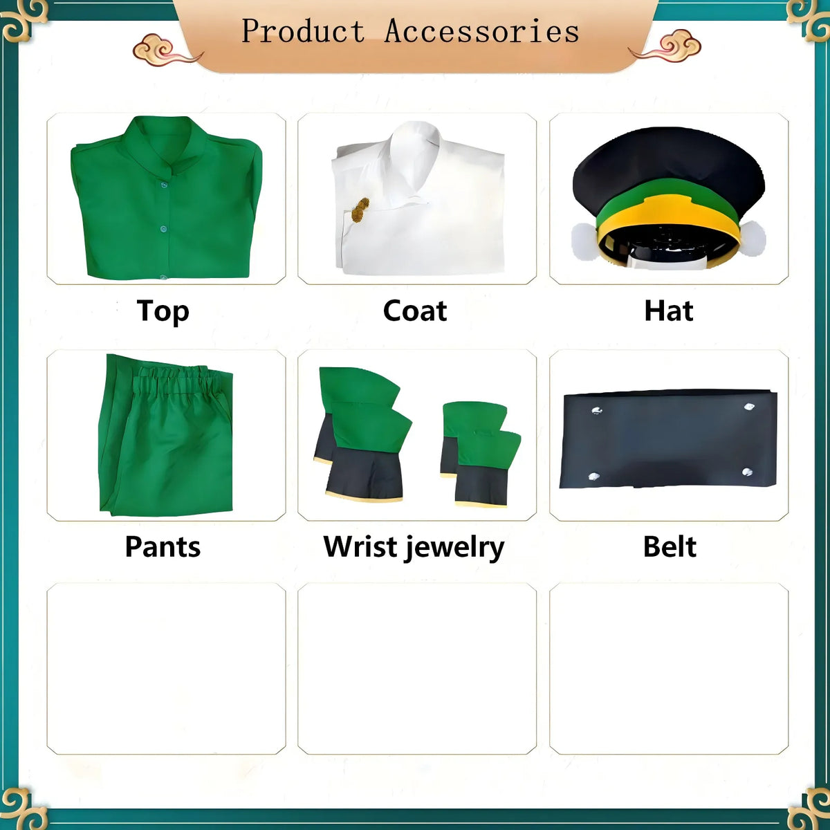 toph cosplay costume accessories display, top, coat, hat, pants, wrist guards, belt