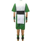 toph cosplay costume back view, avatar the last airbender green white outfit, mannequin display, white background
