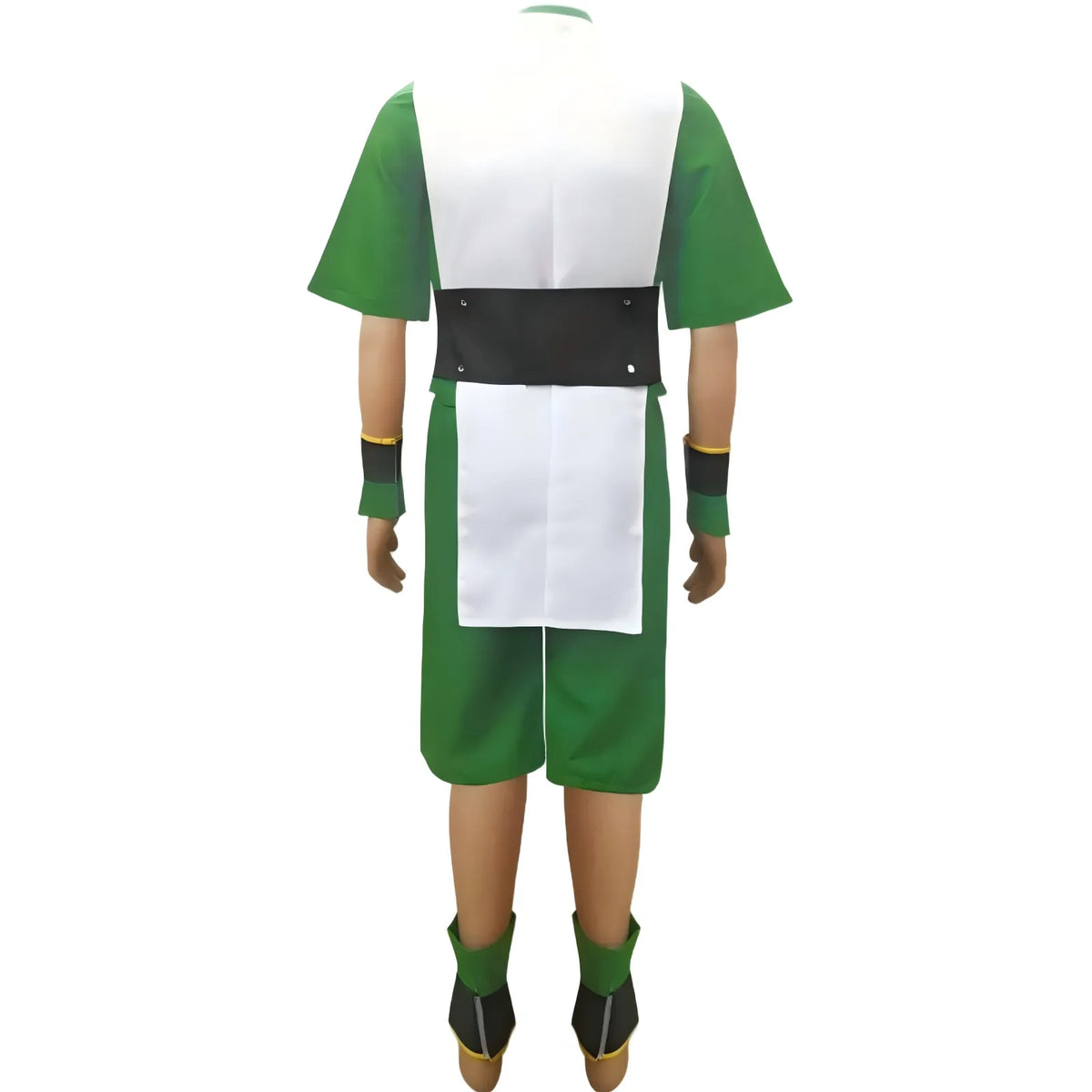 toph cosplay costume back view, avatar the last airbender green white outfit, mannequin display, white background