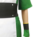 close-up of toph cosplay costume waist belt and wrist guards, silver rivets and yellow trim details