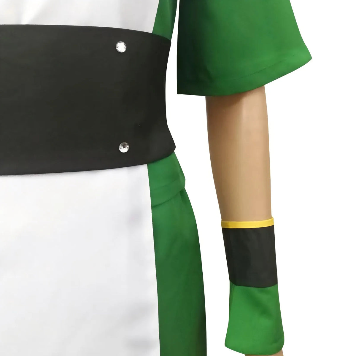 close-up of toph cosplay costume waist belt and wrist guards, silver rivets and yellow trim details