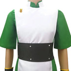 close-up toph cosplay costume collar, golden shoulder badge, black studded belt fabric detail