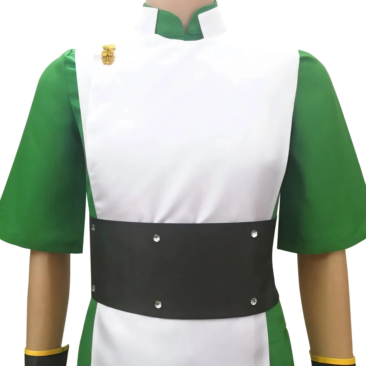close-up toph cosplay costume collar, golden shoulder badge, black studded belt fabric detail