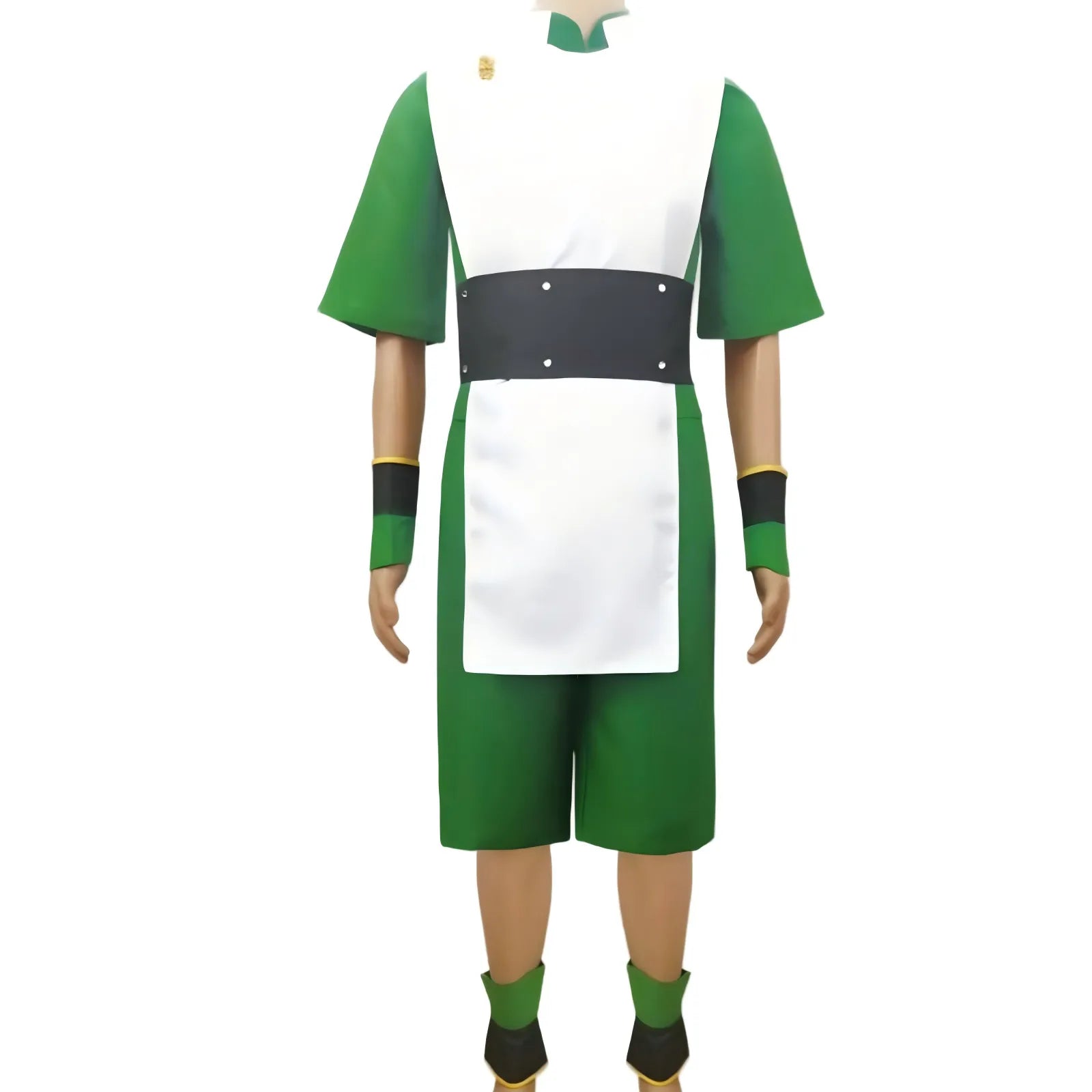 toph cosplay costume front full view, avatar the last airbender complete uniform, white seamless background