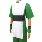 side view of toph cosplay costume, avatar the last airbender uniform, belt and shoulder detail display