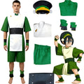 male model wearing toph cosplay costume, avatar the last airbender outfit, accessories breakdown and character art, white background