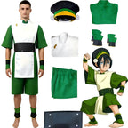 male model wearing toph cosplay costume, avatar the last airbender outfit, accessories breakdown and character art, white background