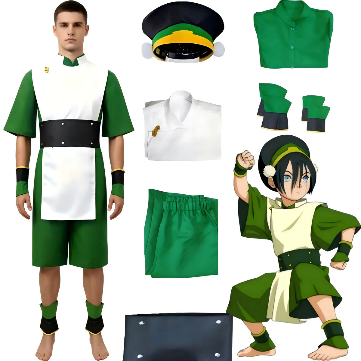 male model wearing toph cosplay costume, avatar the last airbender outfit, accessories breakdown and character art, white background