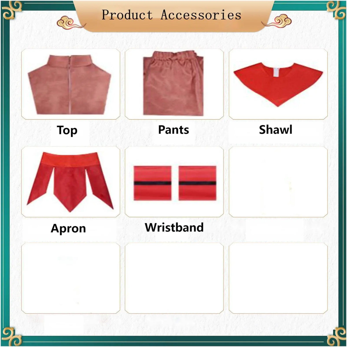 product accessories chart of ty lee cosplay set, top, pants, shawl, apron, wristbands