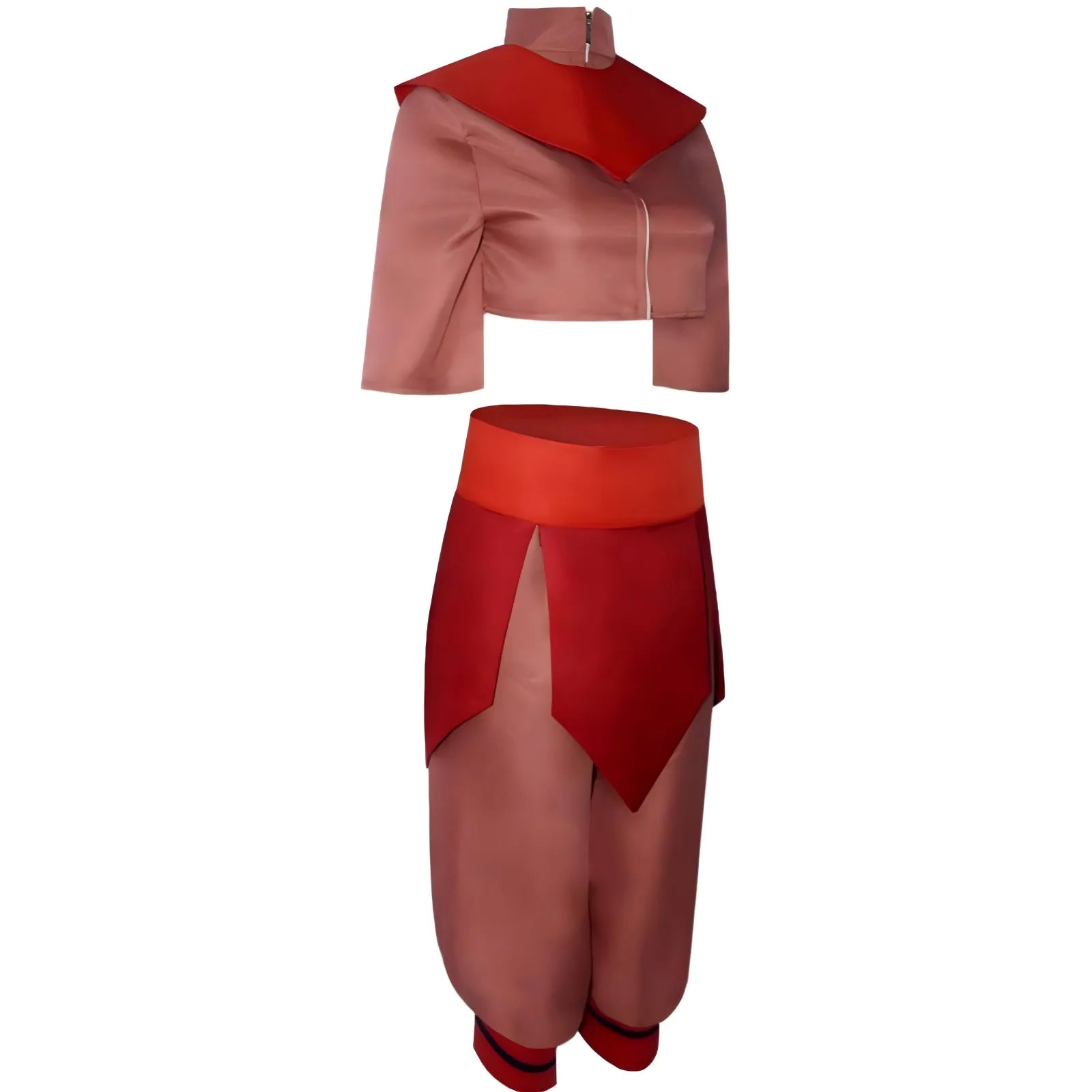 ty lee cosplay costume side view, pink top and red waist apron, satin cosplay clothing