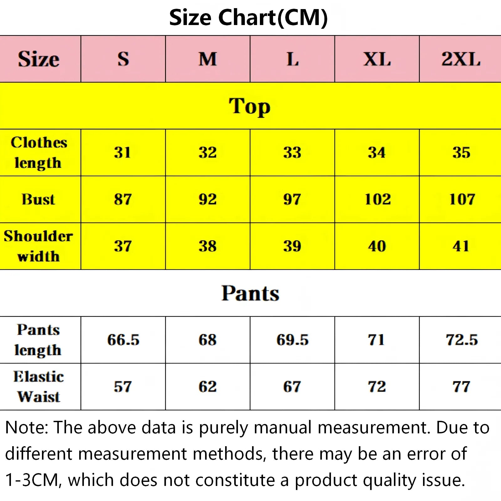 size chart in cm for ty lee cosplay costume, measurement data for top and pants