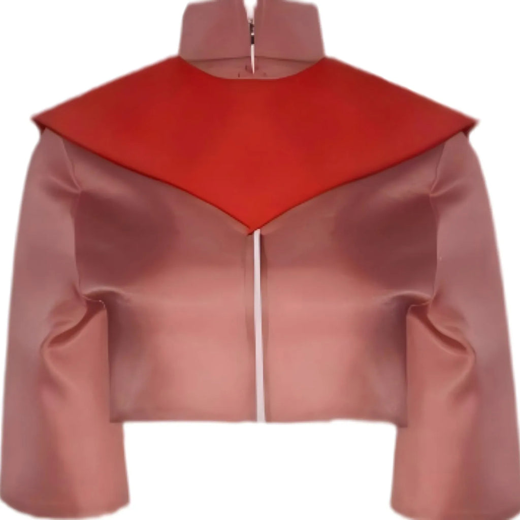 ty lee cosplay cropped stand collar top, red triangular shoulder panel, front zipper
