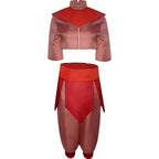 ty lee cosplay costume front flat lay, crop top and harem pants, satin fabric, white background