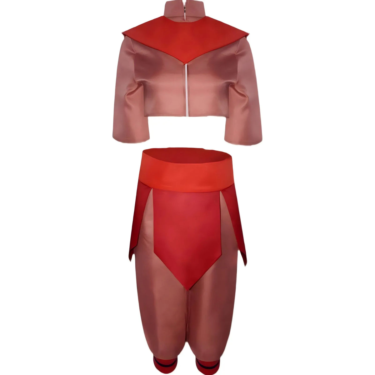 ty lee cosplay costume front flat lay, crop top and harem pants, satin fabric, white background