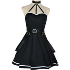 front view of standard ubel black halter pleated mini dress with white hem piping for frieren beyond journey's end cosplay