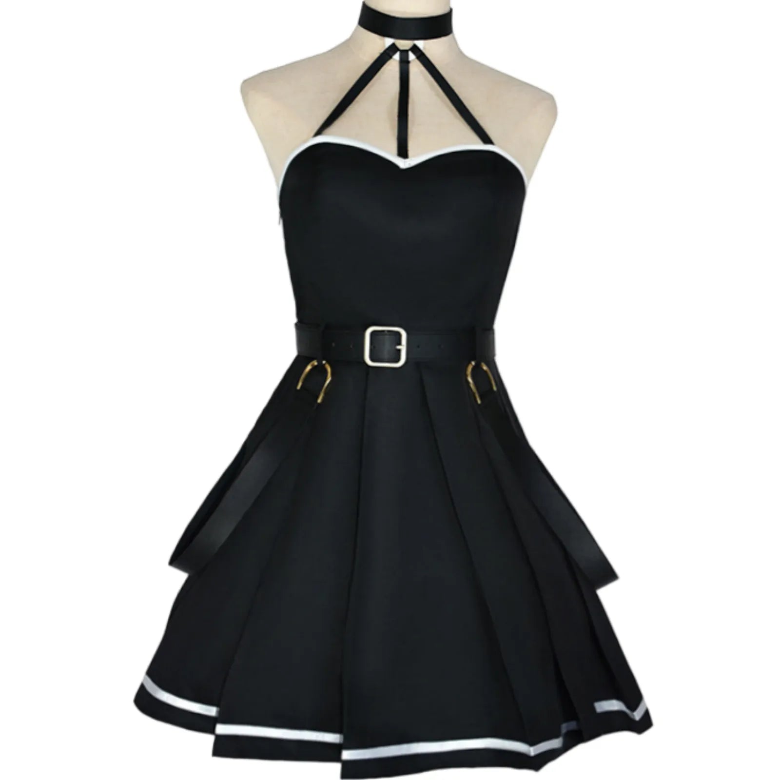 front view of standard ubel black halter pleated mini dress with white hem piping for frieren beyond journey's end cosplay
