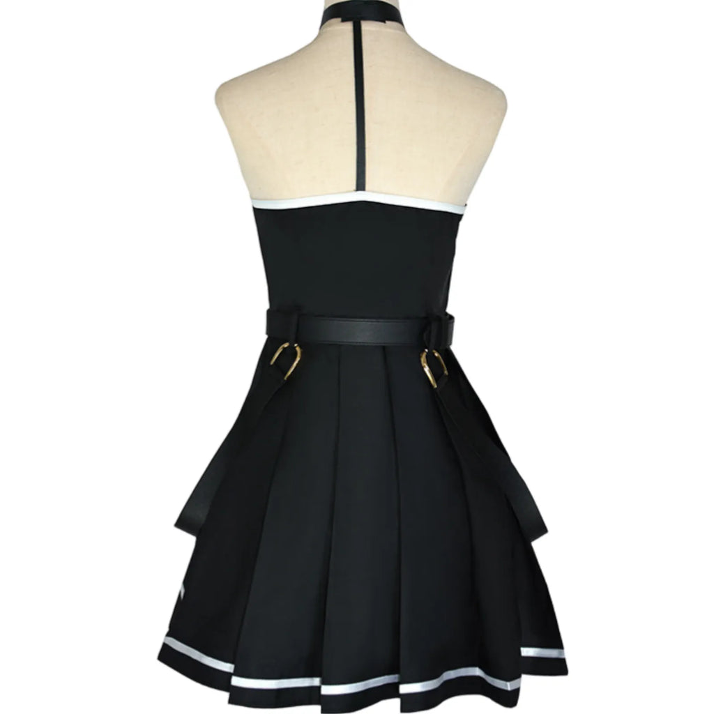 back view of ubel black halter pleated cosplay dress with hanging straps and back halter strap, frieren costume