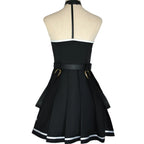 back view of ubel black halter pleated cosplay dress with hanging straps and back halter strap, frieren costume