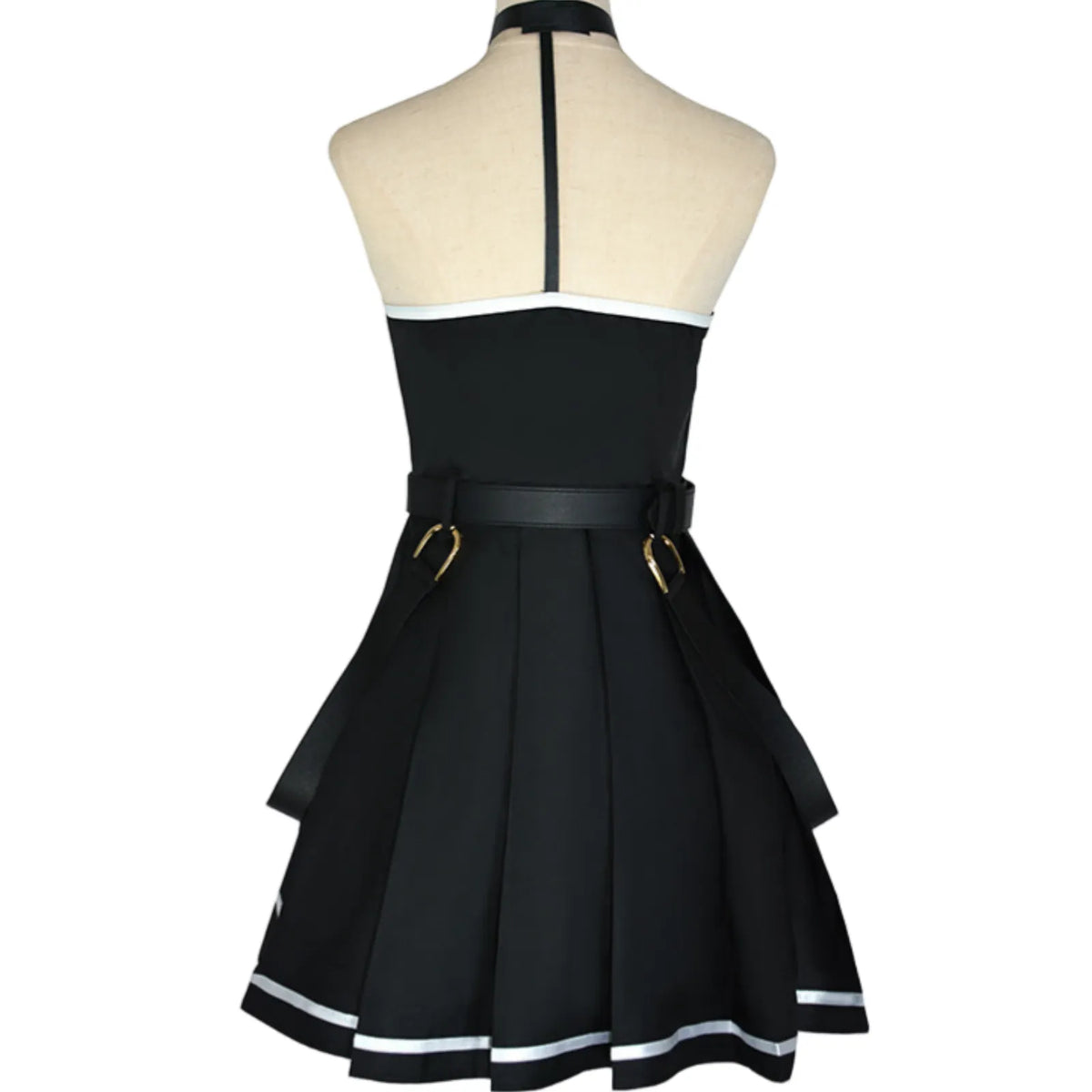 back view of ubel black halter pleated cosplay dress with hanging straps and back halter strap, frieren costume