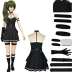 young asian female model wearing full ubel cosplay costume from frieren beyond journey's end, black halter dress with full accessories