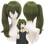 front and back display of olive green long side ponytail wig designed for ubel cosplay from frieren beyond journey's end