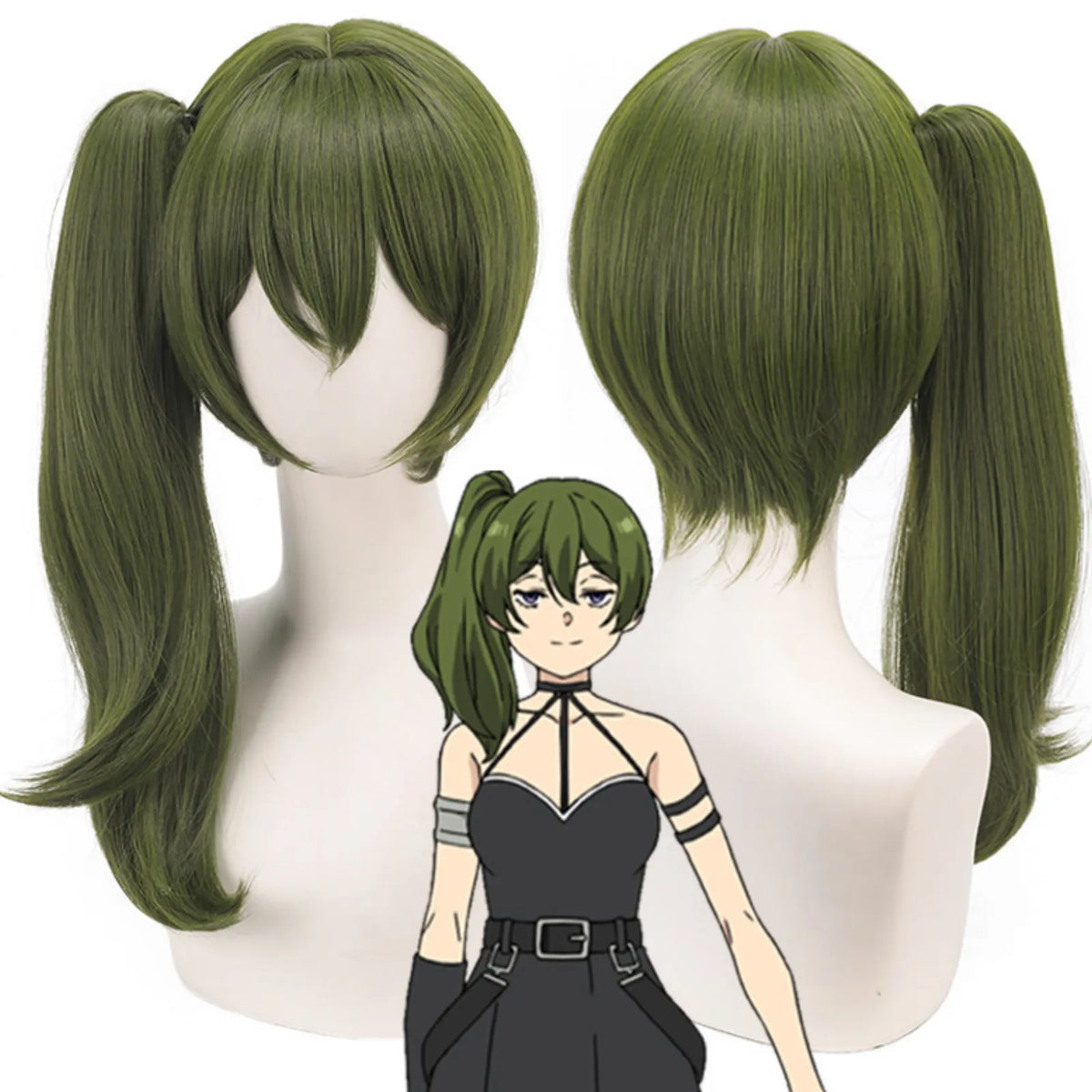 front and back display of olive green long side ponytail wig designed for ubel cosplay from frieren beyond journey's end