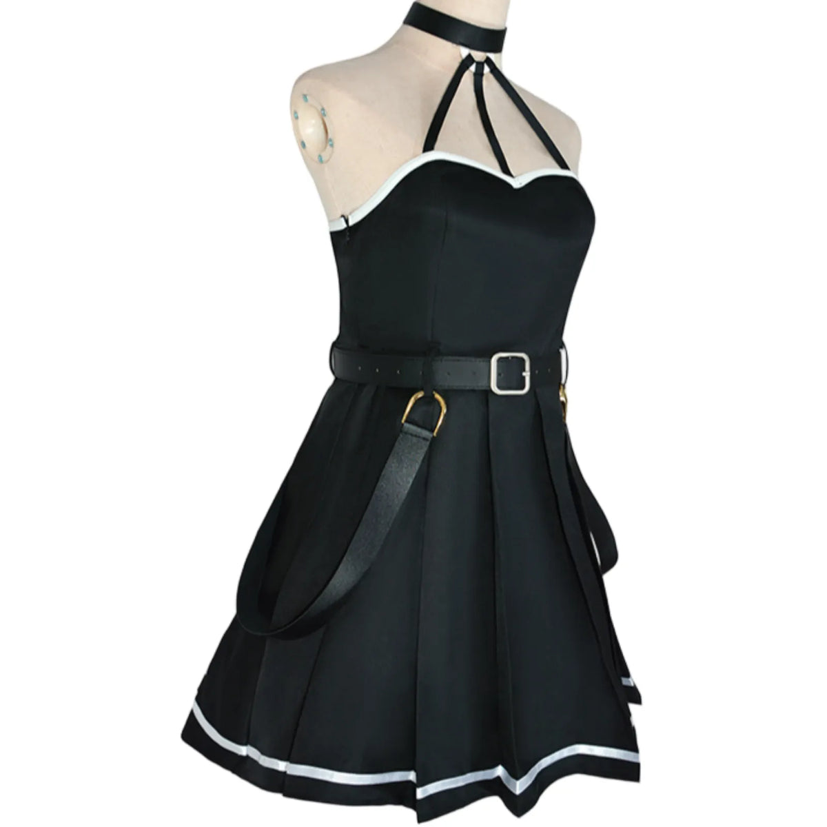 side view of black heart neck halter pleated ubel cosplay dress with belt and side straps, frieren beyond journey's end outfit