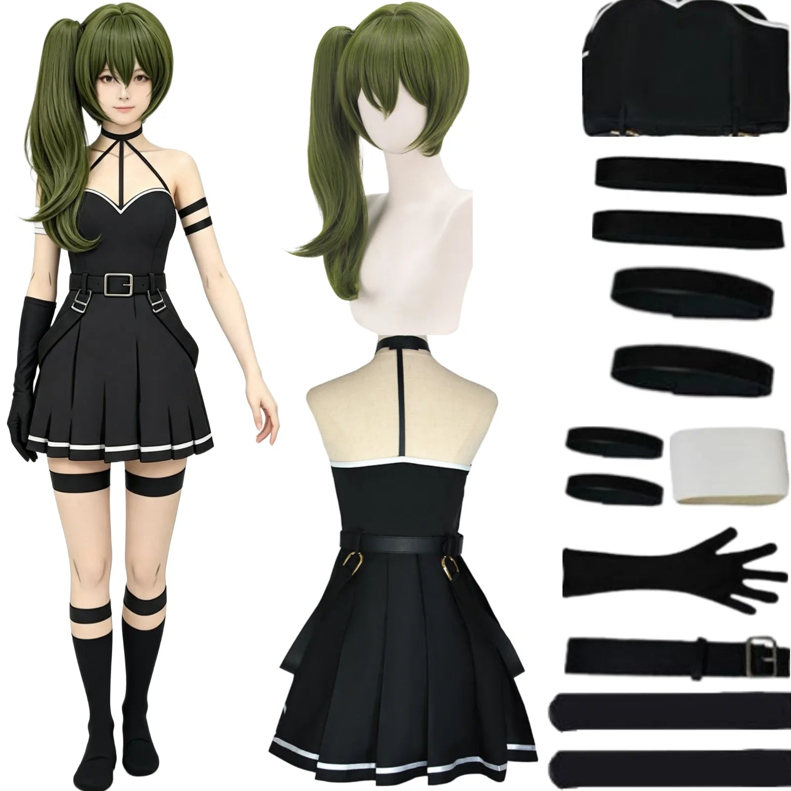 complete ubel cosplay set including black dress, full accessories and official style green long side ponytail wig for frieren beyond journey's end