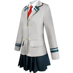 side profile women ochako uraraka cos grey school blazer dark pleated skirt uniform outfit
