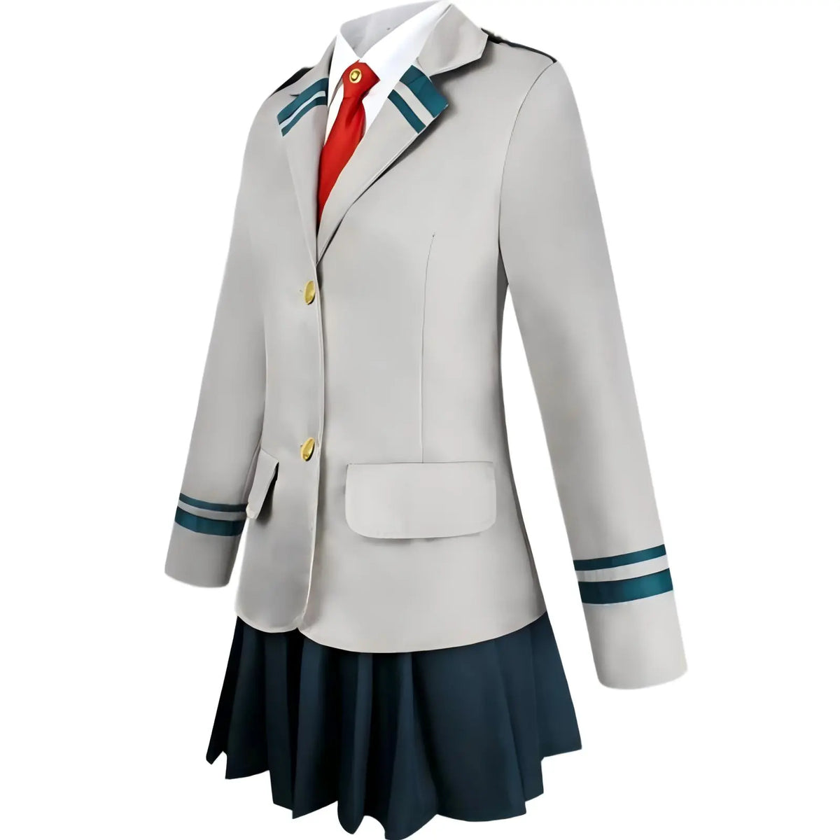 side profile women ochako uraraka cos grey school blazer dark pleated skirt uniform outfit