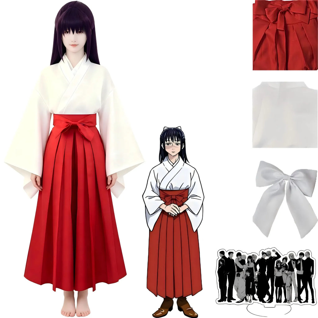 young woman wearing utahime iori cosplay outfit with purple wig, white kimono top and red hakama