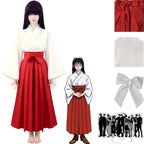 young woman wearing utahime iori cosplay outfit with purple wig, white kimono top and red hakama