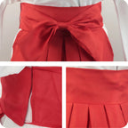 close-up of red hakama bow, zipper and pleated fabric for utahime cosplay