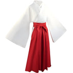side shot of utahime iori cosplay, white wide sleeve top with red hakama bow