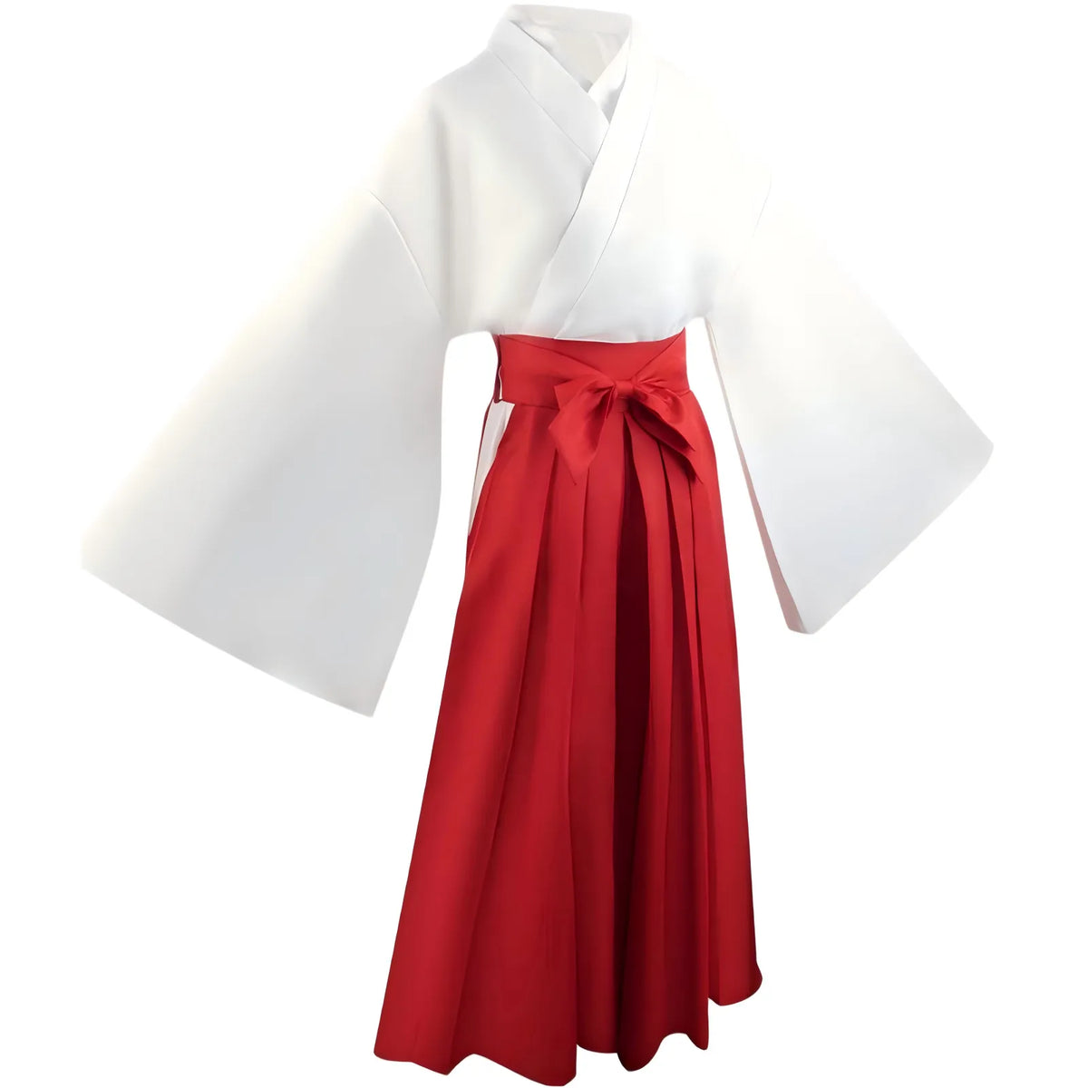 side shot of utahime iori cosplay, white wide sleeve top with red hakama bow