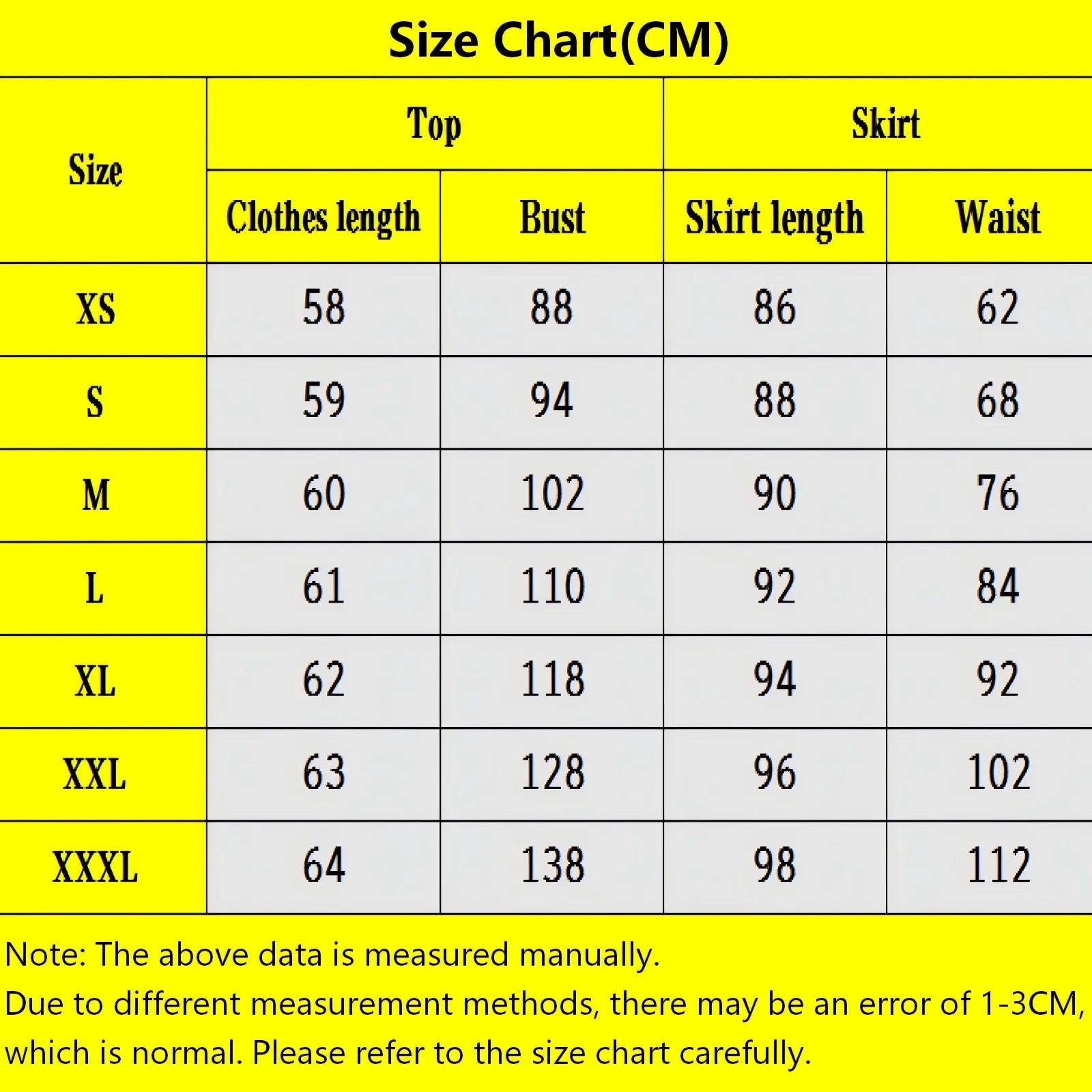 size chart for utahime iori cosplay costume, measurements in centimeters