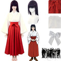 utahime iori cosplay set, white top red hakama and dark purple wig on mannequin