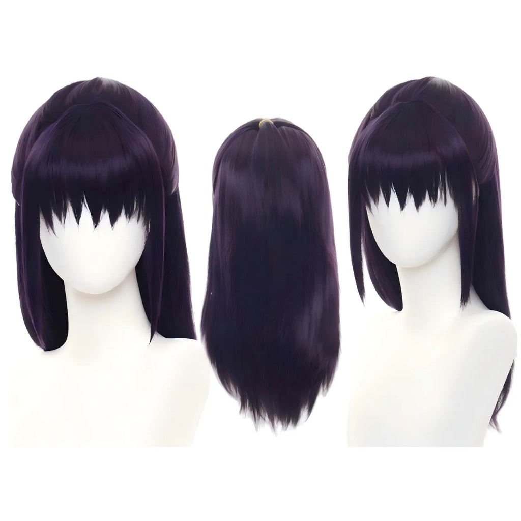 dark purple long wig for utahime iori cosplay, bangs and ponytail design
