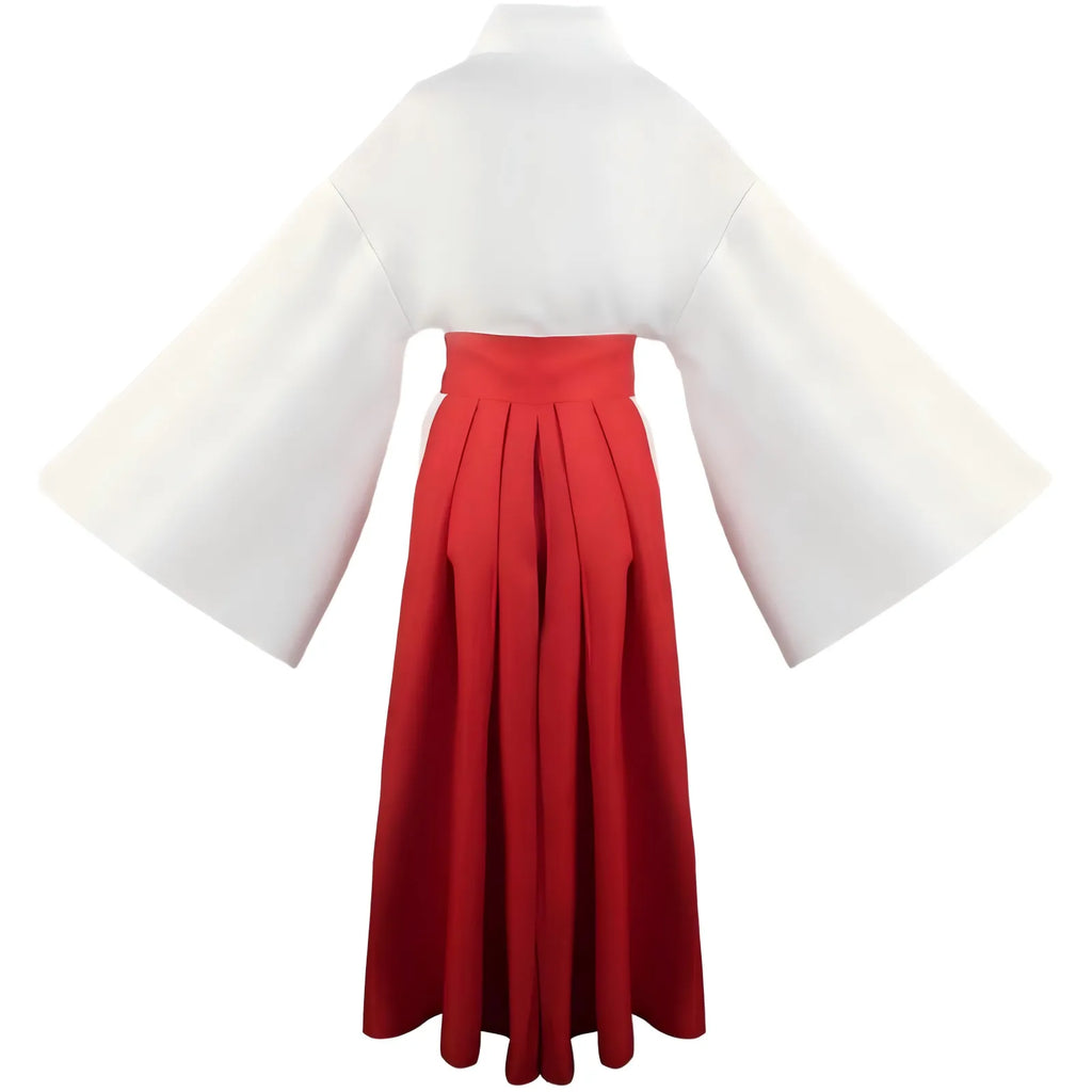 back view of utahime iori cosplay outfit, white kimono top and red pleated hakama