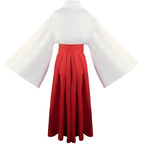 back view of utahime iori cosplay outfit, white kimono top and red pleated hakama