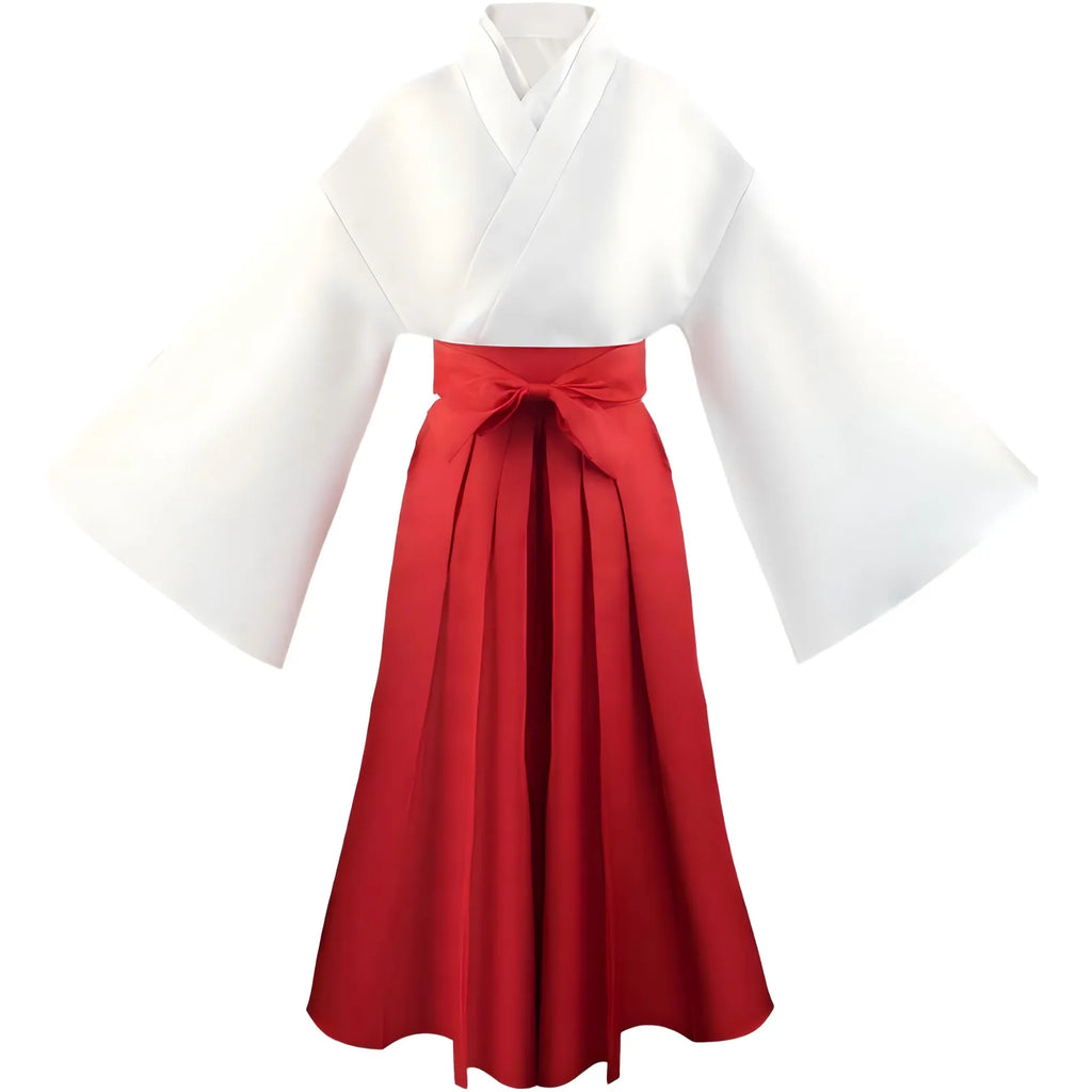 front view utahime iori cosplay outfit, white kimono top and red pleated hakama