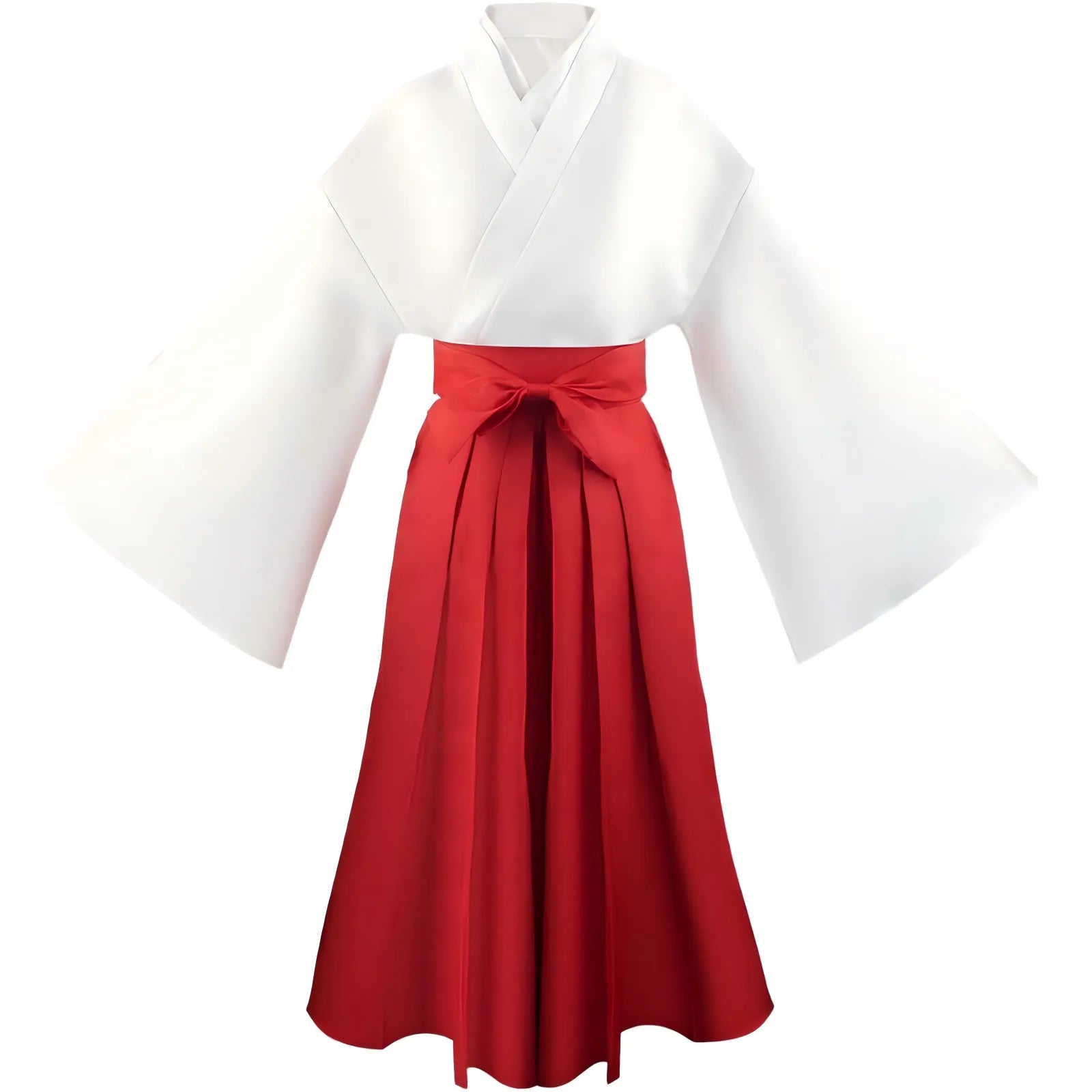 front view utahime iori cosplay outfit, white kimono top and red pleated hakama
