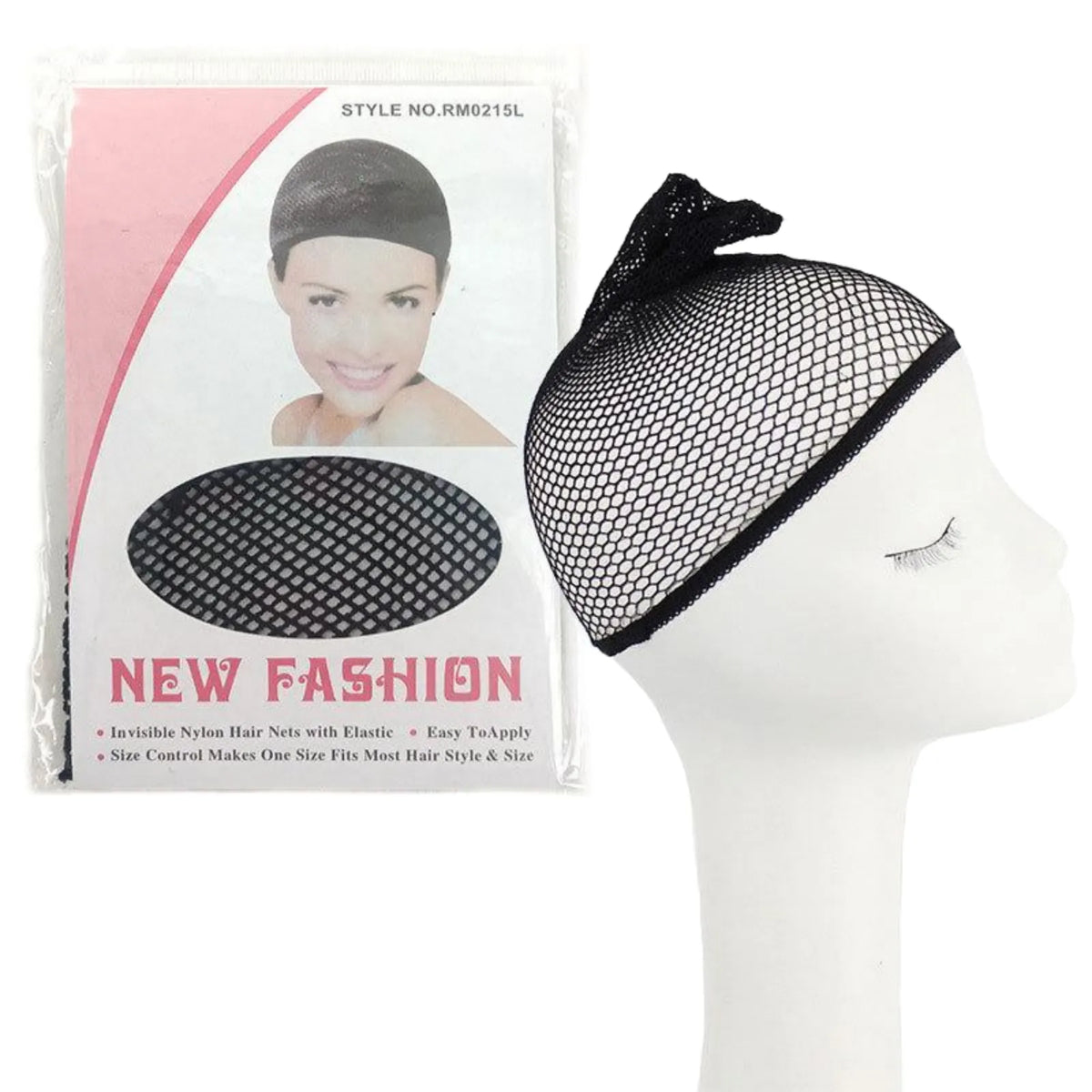 black wig hair net, nylon elastic hair cap packaging, cosplay wig accessory on white mannequin head