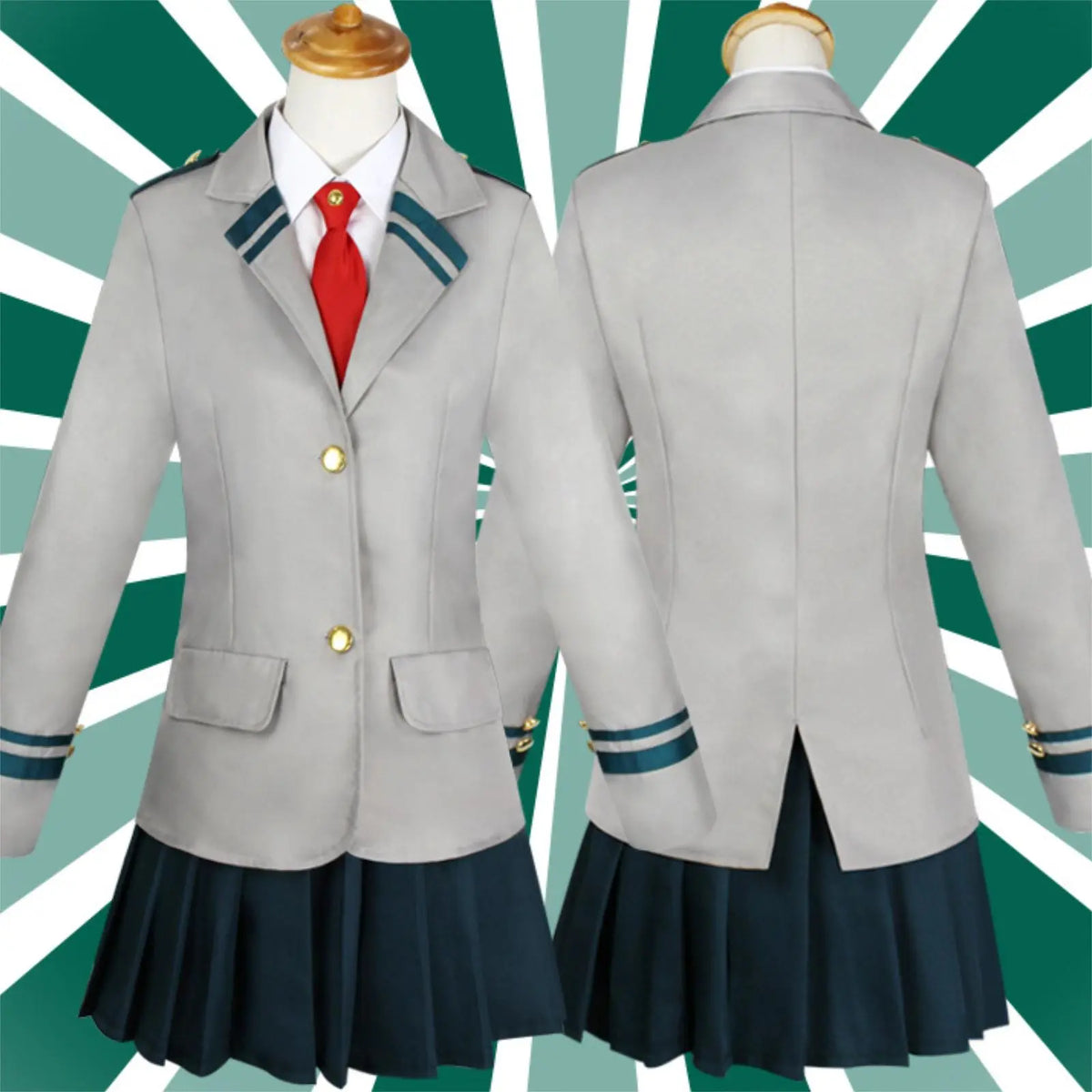front and back view female mha todoroki school blazer pleated skirt mannequin cosplay outfit