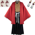 flat lay yoriichi tsugikuni cosplay kimono with earrings and tattoo stickers