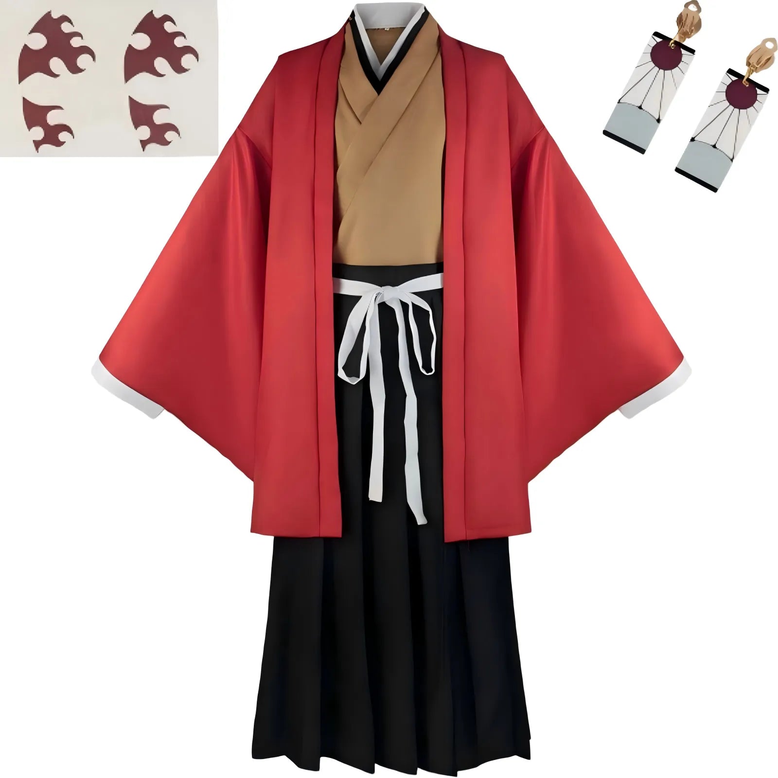 flat lay yoriichi tsugikuni cosplay kimono with earrings and tattoo stickers